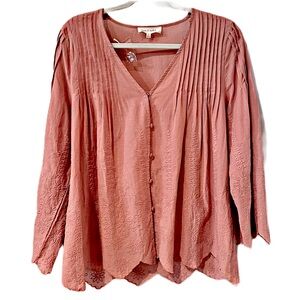 Solitaire Embroidered Bell Sleeve Pullover Blouse Button Pintucks Peach Sz M NWT
